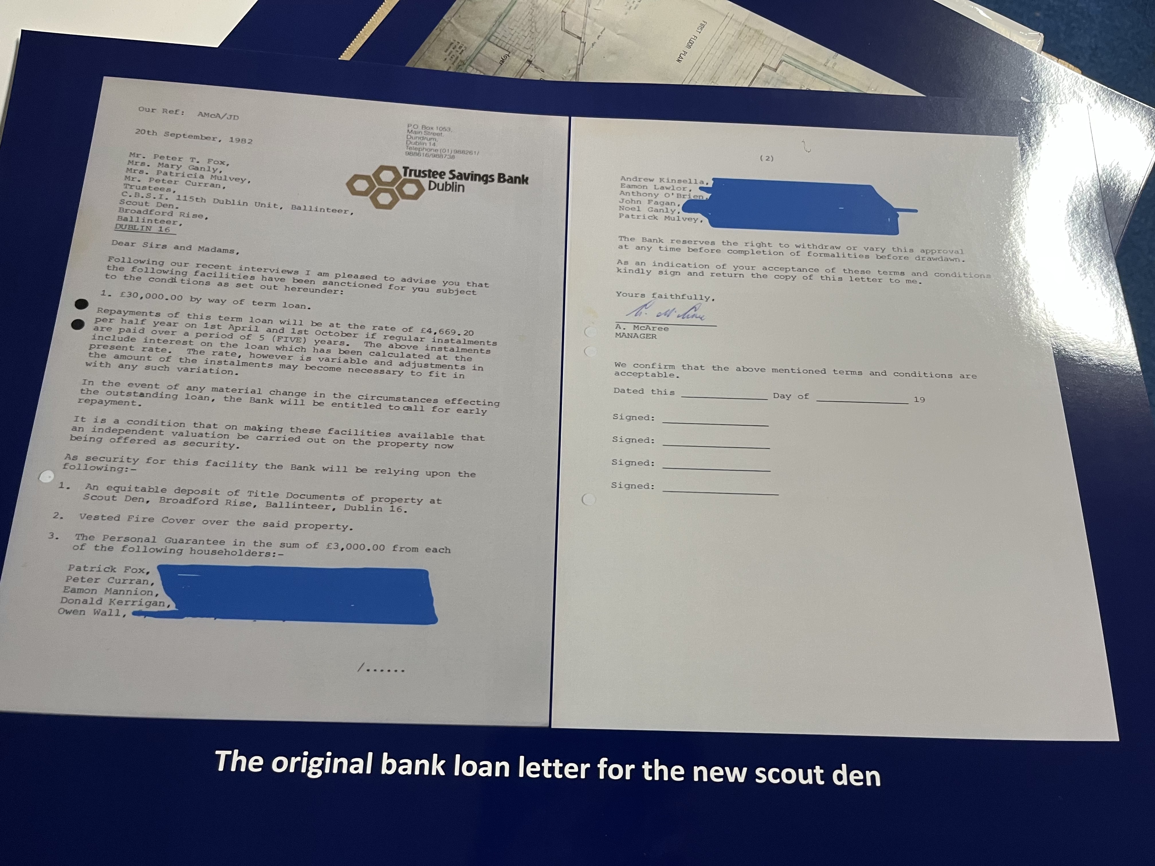Original bank loan letter from Trustee Savings Bank Dublin for the scout den construction