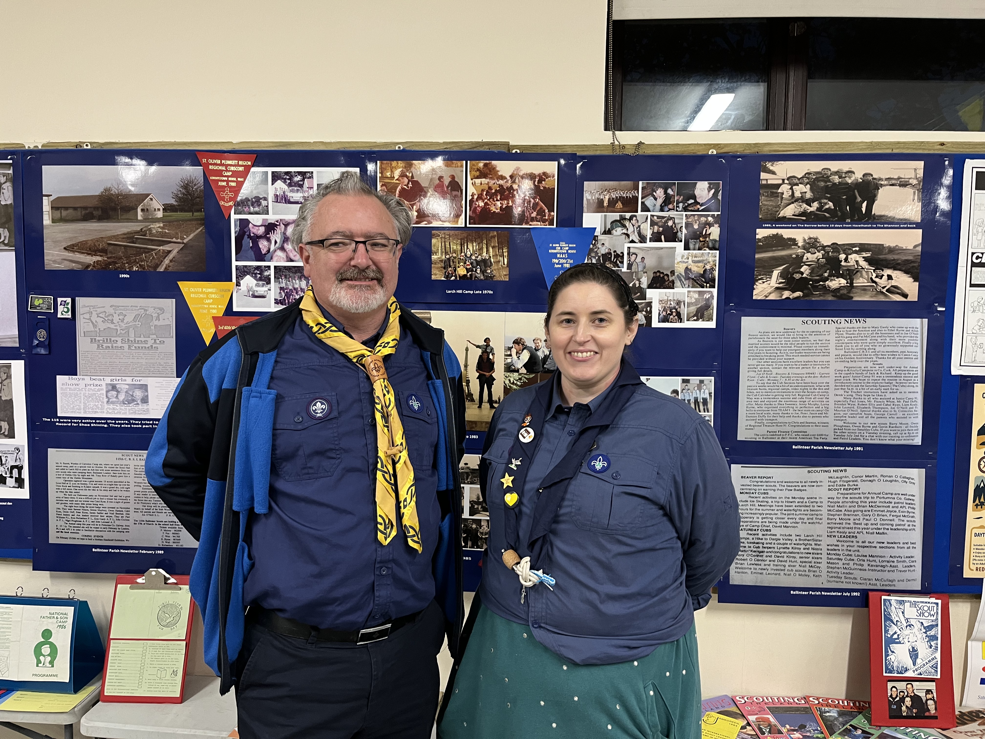 Chief Scout Eoin Callanan with a 115th Ballinteer leader at the history display, 50th anniversary evening