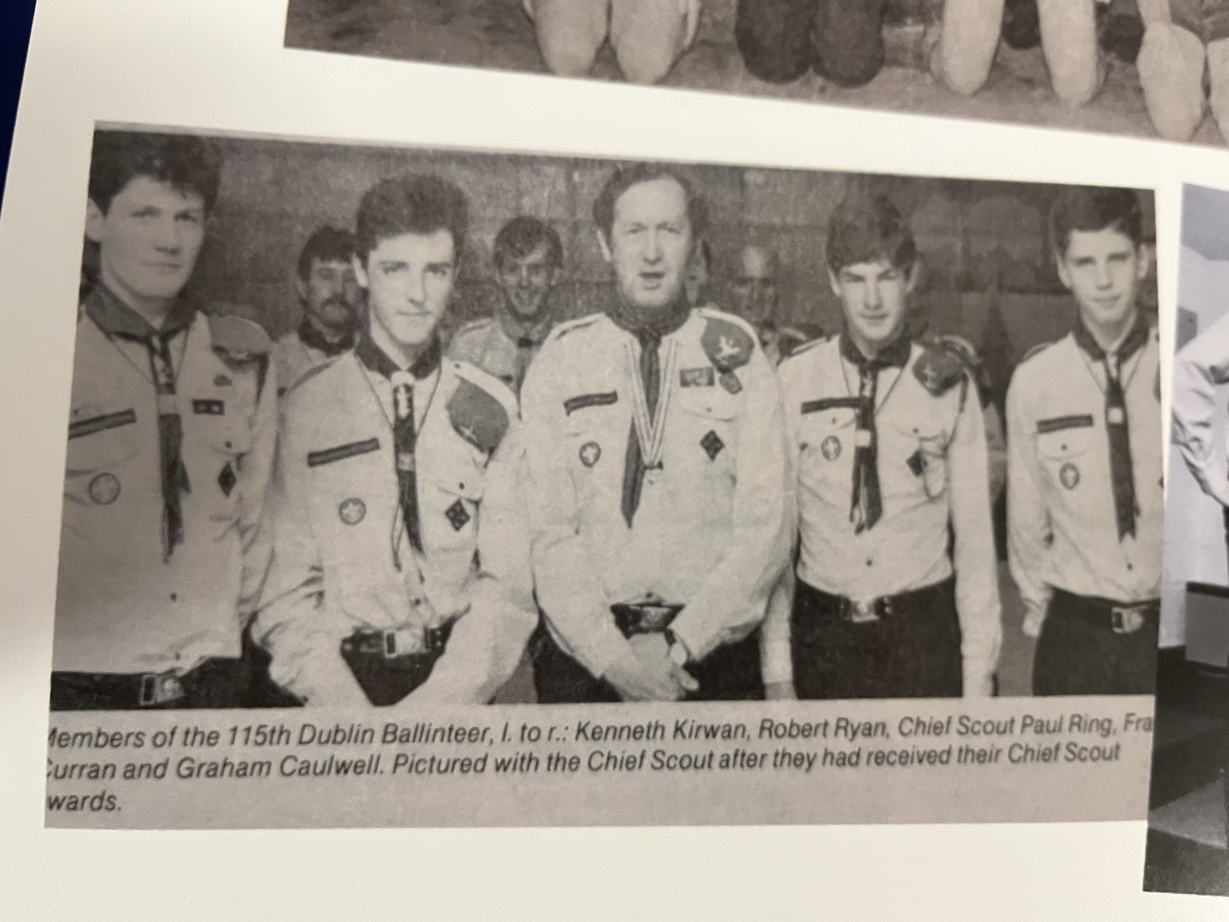 Newspaper clipping showing members of 115th Ballinteer receiving Chief Scout Awards