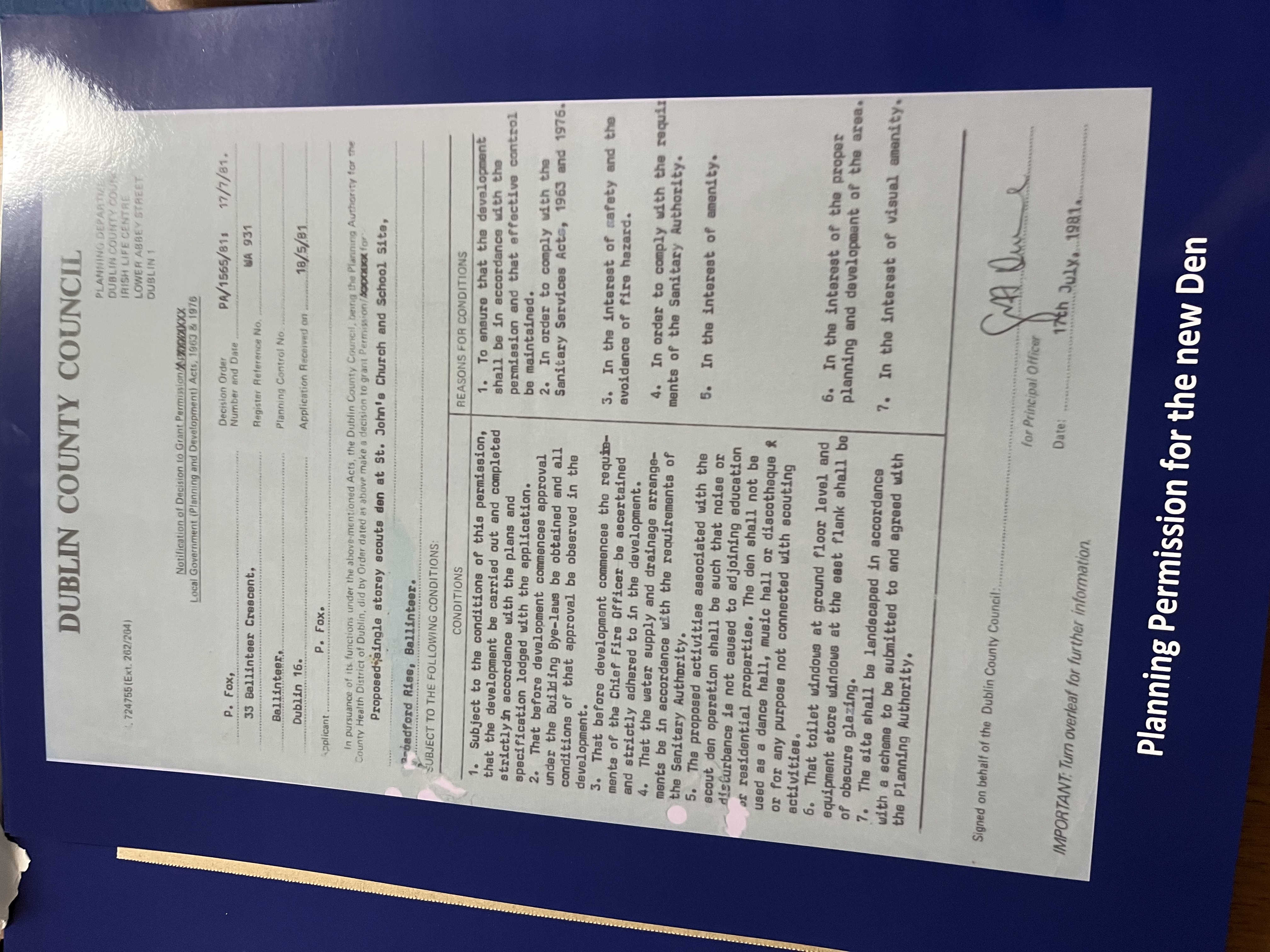 Dublin County Council planning permission document for the new scout den, December 1981